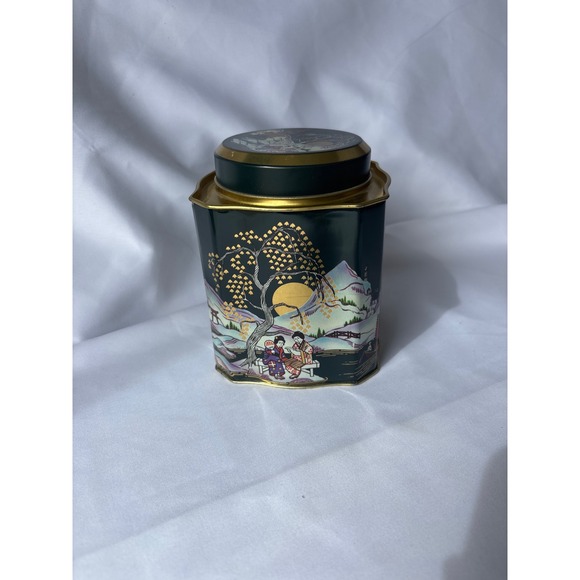 Other - Vintage Chinoiserie Metal Tea Tin Green Gold Pagoda Landscape Storage Canister